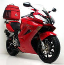The EVO-12 Bike-Pack Kit for the Honda VFR 800 (02-12) by Ventura features a sleek black adjustable Pack-Rack and L-Bracket with bolts and screws for secure mounting, elegantly displayed against a crisp white background.