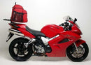 The EVO-12 Bike-Pack Kit for the Honda VFR 800 (02-12) by Ventura features a sleek black adjustable Pack-Rack and L-Bracket with bolts and screws for secure mounting, elegantly displayed against a crisp white background.
