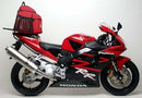 The Ventura EVO-12 Bike-Pack Kit for the Honda CBR 954 RR (02-03) includes a stylish black pack with a logo and orange stripe, mounted on an Adjustable Pack-Rack. It comes with an EVO-Rack, L-bracket, and screws, making it the ultimate biking accessory.
