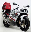 Image showing components for the Ventura EVO-12 Bike-Pack Kit, compatible with Honda VTR 1000 SP-2, RC51/SC45 (02-06). Top left: EVO-12 Pack, sleek black zippered bag. Top right: Evo-Rack, sturdy metal bike rack. Bottom: L-Bracket, durable supports with screws as a generic image.
