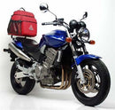 Image of a Ventura EVO-12 Bike-Pack Kit showing the black EVO-12 Pack with an orange stripe, adjustable Pack-Rack, and L-Bracket with mounting hardware. The Honda CB 900 Hornet F2 (02-08) is equipped with the sleek EVO-Rack, highlighting its practical design.