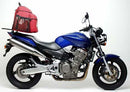 Image of a Ventura EVO-12 Bike-Pack Kit showing the black EVO-12 Pack with an orange stripe, adjustable Pack-Rack, and L-Bracket with mounting hardware. The Honda CB 900 Hornet F2 (02-08) is equipped with the sleek EVO-Rack, highlighting its practical design.
