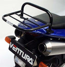 Image of a Ventura EVO-12 Bike-Pack Kit showing the black EVO-12 Pack with an orange stripe, adjustable Pack-Rack, and L-Bracket with mounting hardware. The Honda CB 900 Hornet F2 (02-08) is equipped with the sleek EVO-Rack, highlighting its practical design.