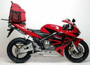 The EVO-12 Bike-Pack Kit for Honda CBR 600 RR 3, 4 (03-04) by Ventura includes an Adjustable Pack-Rack with a black bike pack featuring an orange stripe, a versatile black Evo-Rack attached to a bike, and L-brackets with screws labeled as "generic image.
