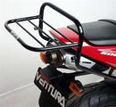 The EVO-12 Bike-Pack Kit for Honda CBR 600 RR 3, 4 (03-04) by Ventura includes an Adjustable Pack-Rack with a black bike pack featuring an orange stripe, a versatile black Evo-Rack attached to a bike, and L-brackets with screws labeled as "generic image.