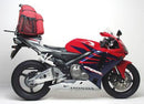 Image of the Ventura EVO-12 Bike-Pack Kit on a Honda CBR 600 RR5, RR6 Fireblade (05-06), featuring an EVO-Rack with L-Bracket and screws. A sleek black pack with zip and orange stripe highlights its adaptability with the Adjustable Pack-Rack system.