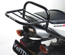 Image of the Ventura EVO-12 Bike-Pack Kit on a Honda CBR 600 RR5, RR6 Fireblade (05-06), featuring an EVO-Rack with L-Bracket and screws. A sleek black pack with zip and orange stripe highlights its adaptability with the Adjustable Pack-Rack system.