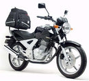 Image of the Ventura EVO-12 Bike-Pack Kit for Honda CBF 250 F (2004), featuring the "EVO-12 Pack" soft bag, an "EVO-Rack" bike rack, and essential metal parts with screws labeled as "L-Bracket," all displayed on a clean white background.