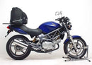 The image showcases Ventura's Honda VTR 250 (98-07) Bike-Pack Kit, featuring the versatile Pack-Rack. It includes a sleek black EVO-12 Pack securely fastened with the robust EVO-Rack on a bike, plus an L-Bracket set with all necessary screws and bolts for easy assembly.