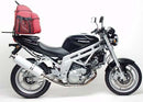 Image showcasing a Ventura EVO-12 Bike-Pack Kit for the Hyosung GT 650 Comet (04-07) with an EVO-12 pack, Sport-Rack, and L-bracket with screws. The black pack features a logo and orange stripe, while the rack and bracket are crafted from sturdy black metal.