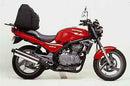 The image features the Kawasaki ER-5 Bike-Pack Kit by Ventura, showcasing a sleek black adjustable pack-rack, an EVO-rack neatly installed on a bike, and an L-bracket set with clearly labeled screws.