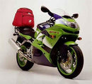 Image of a sleek Ventura EVO-12 Pack on a black Kawasaki ZX-6R 600 featuring the versatile Evo-Rack. Includes an L-bracket with screws, designed to fit seamlessly with the Adjustable Pack-Rack for ultimate convenience and style.