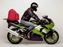 Image of a sleek Ventura EVO-12 Pack on a black Kawasaki ZX-6R 600 featuring the versatile Evo-Rack. Includes an L-bracket with screws, designed to fit seamlessly with the Adjustable Pack-Rack for ultimate convenience and style.