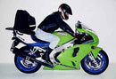 Image shows the Ventura Kawasaki ZX-7R Bike-Pack Kit with three components: an adjustable black ZX-7R pack with red trim, the ZX-RACK securely attached to a bike for easy transport, and an L-bracket set with hardware, labeled "Generic Image.