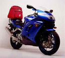 The EVO-12 Bike-Pack Kit showcases a sleek Ventura EVO-12 pack, Evo-Rack, and L-bracket with screws. This compact black pack complements the Kawasaki ZX-9R's Sport-Rack, metal frames, and mounting gear.
