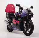 The Ventura EVO-12 Bike-Pack Kit for the Kawasaki ZXR 250 includes a sleek black bike-pack, an adjustable Evo-Rack mounted on the motorcycle, and an L-bracket with hardware shown separately.