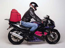 The Ventura EVO-12 Bike-Pack Kit for the Kawasaki ZXR 250 includes a sleek black bike-pack, an adjustable Evo-Rack mounted on the motorcycle, and an L-bracket with hardware shown separately.