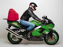 The image displays a Ventura EVO-12 Bike-Pack Kit for Kawasaki ZX-9R (2000), featuring a sleek black pack with red accents on an EVO-rack, complemented by sturdy black L-brackets and screws, with each part clearly labeled for easy assembly.