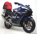 The image showcases Ventura's Kawasaki ZX-9R (02-03) EVO-12 Bike-Pack Kit: a black EVO-12 pack with an orange stripe, an adjustable Pack-Rack on a bike, and a generic L-Bracket image with screws.