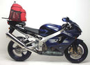 The image showcases Ventura's Kawasaki ZX-9R (02-03) EVO-12 Bike-Pack Kit: a black EVO-12 pack with an orange stripe, an adjustable Pack-Rack on a bike, and a generic L-Bracket image with screws.