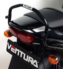 The image showcases Ventura's Kawasaki ZX-9R (02-03) EVO-12 Bike-Pack Kit: a black EVO-12 pack with an orange stripe, an adjustable Pack-Rack on a bike, and a generic L-Bracket image with screws.