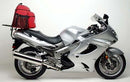 The Ventura EVO-12 Bike-Pack Kit for Kawasaki ZZR 1200 (01-05) includes a sleek black pack labeled "EVO-12 Pack," an adaptable "Adjustable Pack-Rack" bike rack, and sturdy metal components labeled "L-BRACKET," all showcased on a pristine white background.