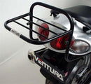 The Ventura EVO-12 Bike-Pack Kit for Kawasaki ZZR 1200 (01-05) includes a sleek black pack labeled "EVO-12 Pack," an adaptable "Adjustable Pack-Rack" bike rack, and sturdy metal components labeled "L-BRACKET," all showcased on a pristine white background.