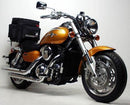 Image displaying a Kawasaki VN 1500 P1 Vulcan Meanstreak (01-04) EVO-12 Bike-Pack Kit by Ventura: top left features a black EVO-12 pack, top right shows an Adjustable Evo-Rack on a bike, and the bottom includes an L-Bracket with screws labeled as a generic image.