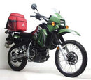 The Ventura EVO-12 Bike-Pack Kit for the Kawasaki KLR 650 includes a sleek black bike-pack, an EVO-rack attached to your bike frame, and a specifically labeled L-bracket with screws, all presented alongside a generic image.