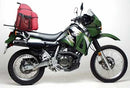The Ventura EVO-12 Bike-Pack Kit for the Kawasaki KLR 650 includes a sleek black bike-pack, an EVO-rack attached to your bike frame, and a specifically labeled L-bracket with screws, all presented alongside a generic image.