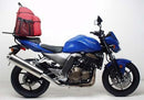 The image showcases a Ventura Kawasaki Z 750 (04-05) Bike-Pack Kit featuring a black EVO-12 pack and an adjustable EVO-Rack attached to a motorcycle. It also includes an L-bracket with screws and fittings, highlighting the kit's versatile setup.