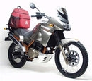 Image of the EVO-12 Bike-Pack Kit with Ventura's EVO-12 pack bag, a Top-Box Rack on the Kawasaki KLE 500 B1P (2005), and an Adjustable Pack-Rack featuring an L-Bracket and screws. Each component is clearly labeled in red text below its image.