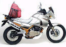 Image of the EVO-12 Bike-Pack Kit with Ventura's EVO-12 pack bag, a Top-Box Rack on the Kawasaki KLE 500 B1P (2005), and an Adjustable Pack-Rack featuring an L-Bracket and screws. Each component is clearly labeled in red text below its image.