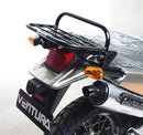 Image of the EVO-12 Bike-Pack Kit with Ventura's EVO-12 pack bag, a Top-Box Rack on the Kawasaki KLE 500 B1P (2005), and an Adjustable Pack-Rack featuring an L-Bracket and screws. Each component is clearly labeled in red text below its image.