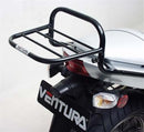 The image showcases Ventura's EVO-12 Bike-Pack Kit, compatible with the Kawasaki EX 650 (06-08). It features the Adjustable Pack-Rack, a black compact storage bag, the sturdy EVO-Rack metal bike rack, and an L-Bracket with screws for easy installation.