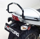 The image showcases Ventura's EVO-12 Bike-Pack Kit, compatible with the Kawasaki EX 650 (06-08). It features the Adjustable Pack-Rack, a black compact storage bag, the sturdy EVO-Rack metal bike rack, and an L-Bracket with screws for easy installation.