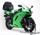 The image highlights three components of the EVO-12 Bike-Pack Kit: a sleek black EVO-12 pack, an Adjustable Pack-Rack securely mounted on a Kawasaki ZX-6R 600 (07-08), and an L-Bracket with screws—all elegantly labeled as Ventura.
