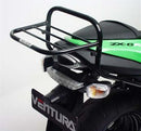 The image highlights three components of the EVO-12 Bike-Pack Kit: a sleek black EVO-12 pack, an Adjustable Pack-Rack securely mounted on a Kawasaki ZX-6R 600 (07-08), and an L-Bracket with screws—all elegantly labeled as Ventura.