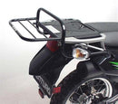 The image displays components of a Ventura EVO-12 Bike-Pack Kit for the Kawasaki KLR 650 (08-17), including an adjustable Pack-Rack, an EVO-Rack mounted on a bike, and an L-Bracket with screws.