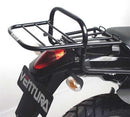 The Ventura EVO-12 Bike-Pack Kit for the KTM 640 LC4 Adventure (03-07) includes a sleek black EVO-12 pack with orange accents, a versatile black Evo-Rack, and an L-bracket with screws for secure mounting.