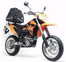 Introducing the Ventura EVO-12 Bike-Pack Kit for the KTM 640 LC4 Supermoto (06), featuring a stylish black pack with red accents and a durable EVO-Rack complete with a metal L-Bracket and screws. This reliable setup offers secure gear transport.