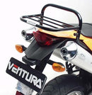 Introducing the Ventura EVO-12 Bike-Pack Kit for the KTM 640 LC4 Supermoto (06), featuring a stylish black pack with red accents and a durable EVO-Rack complete with a metal L-Bracket and screws. This reliable setup offers secure gear transport.