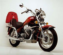 This image shows components of the Ventura EVO-12 Bike-Pack Kit for the Moto Guzzi 1100 California: a sleek black EVO-12 pack, an Evo-Rack with the Ventura logo mounted on a bike, and an L-Bracket with screws and bolts.