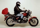 This image shows components of the Ventura EVO-12 Bike-Pack Kit for the Moto Guzzi 1100 California: a sleek black EVO-12 pack, an Evo-Rack with the Ventura logo mounted on a bike, and an L-Bracket with screws and bolts.