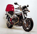The image showcases the Ventura EVO-12 Bike-Pack Kit for Moto Guzzi 1100 V11 Sport (00-02) featuring three items: a sleek black EVO-12 pack, a sturdy metal Evo-Rack, and an L-Bracket with screws as a generic image.