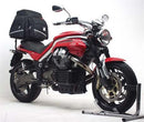 The Ventura Moto Guzzi 850 Griso (05-15) kit includes a black bike pack with an orange stripe, the Evo-Rack for easy mounting, and a sturdy L-Bracket with screws, all set against a crisp white background.