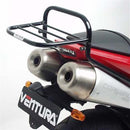 The image displays the Ventura EVO-12 Bike-Pack Kit for a Moto Morini 1200 Corsaro (05-06), featuring a black EVO-12 Pack with logo, an adjustable EVO-Rack elegantly mounted to a bike, and a high-quality L-Bracket with screws, all on a crisp white background.