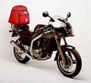 Image featuring the Ventura EVO-12 Bike-Pack Kit on a motorcycle, showcasing the black-and-orange EVO-12 Pack, an Adjustable Pack-Rack, and an L-Bracket with screws below; compatible with the MZ 660 Skorpion Sport.