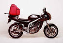 Image featuring the Ventura EVO-12 Bike-Pack Kit on a motorcycle, showcasing the black-and-orange EVO-12 Pack, an Adjustable Pack-Rack, and an L-Bracket with screws below; compatible with the MZ 660 Skorpion Sport.