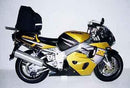 The Ventura EVO-12 Bike-Pack Kit for Suzuki GSXR 750 WT, WV, WW, WX (97-99) includes a black EVO-12 Pack, Sport-Rack rear bike rack, and labeled L-Brackets with screws for easy identification.